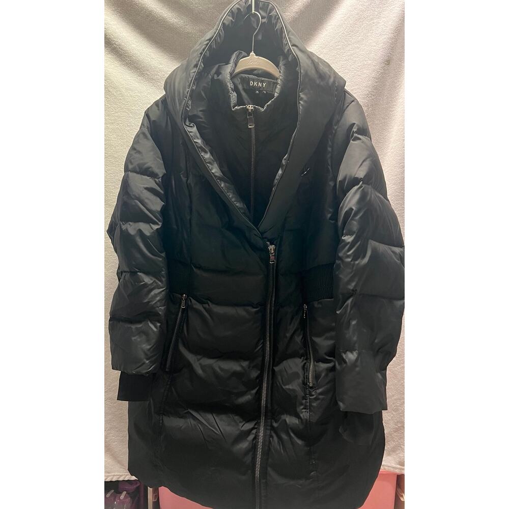 DKNY Women's Double Full Zip Hood Black Puffer Down Knee Coat